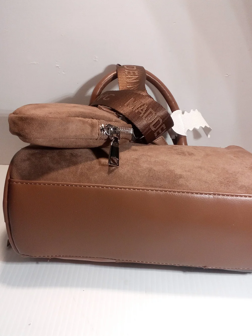 Madden NYC Brown Patchwork Satchel Top Handle, Small, Detachable Strap Zip